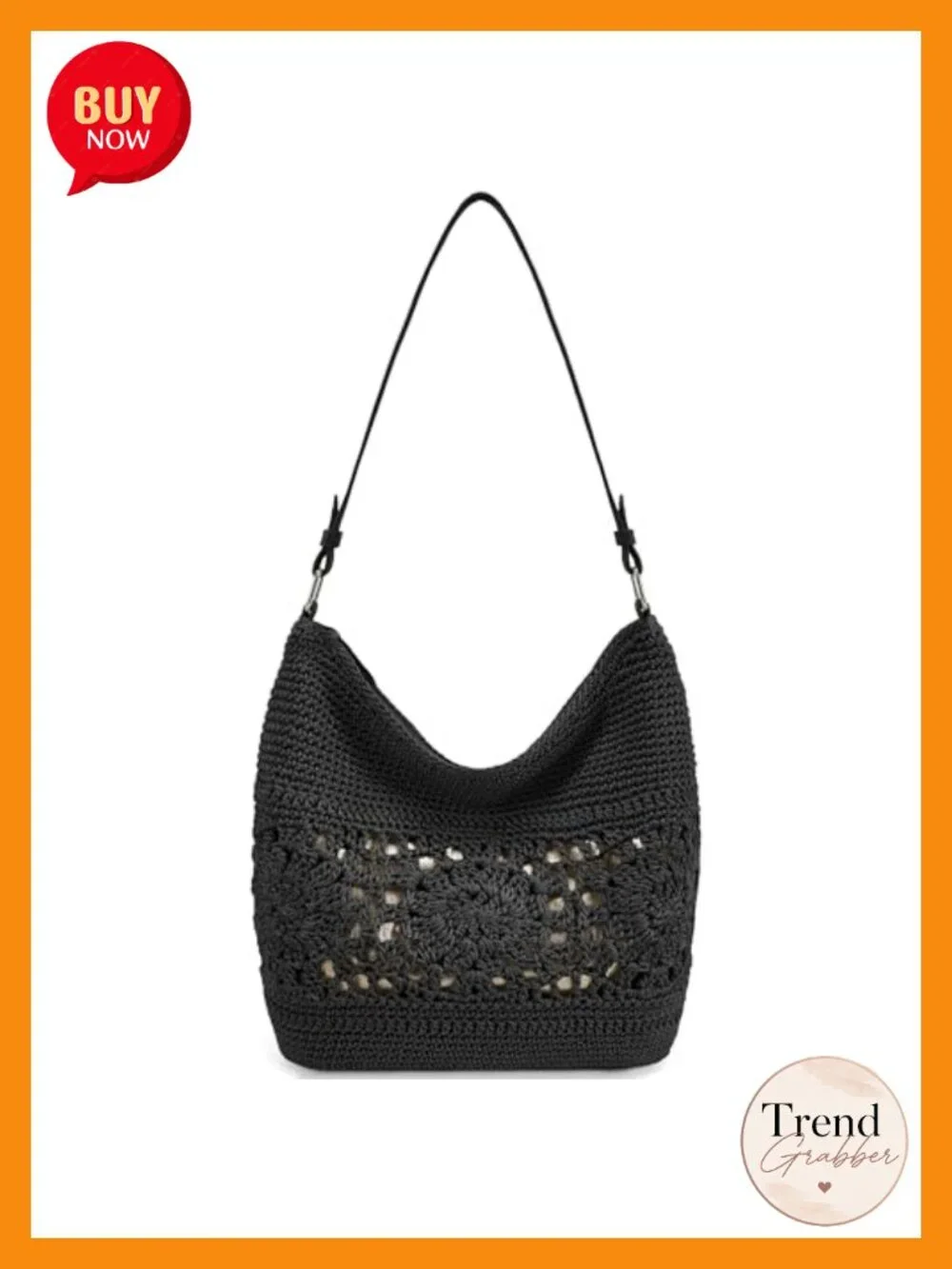 Hand-Crochet Hobo Bag with Leather Strap Zippered Bohemian Shoulder Purse